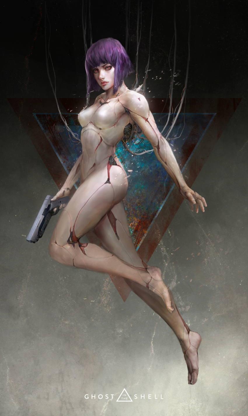 1girl absurdres barefoot breasts cable commission cyberpunk cyborg english_commentary english_text feet ghost_in_the_shell gun handgun highres kusanagi_motoko legs lips looking_at_viewer machinery mechanical_parts purple_hair realistic red_eyes thedurianart title toenails toes weapon wire
