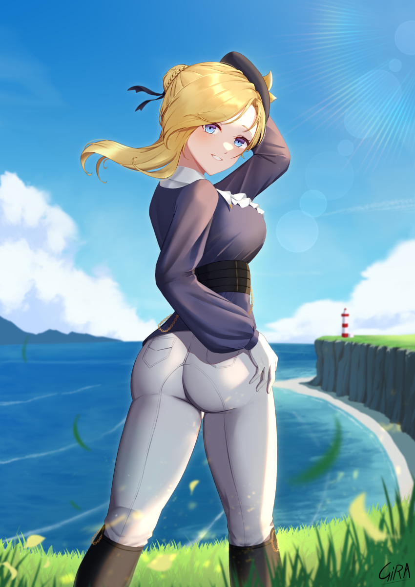 1girl absurdres ascot ass azur_lane black_footwear black_ribbon blonde_hair blue_eyes blue_ribbon blue_shirt boots chain cliff commission day english_commentary feet_out_of_frame from_behind girarikyo gloves grass grin hair_ribbon hand_on_own_head hand_on_own_hip highres hood_(azur_lane) hood_(gentlewoman_and_stallion)_(azur_lane) lighthouse long_hair long_sleeves looking_at_viewer looking_back ocean official_alternate_costume outdoors pants ribbon riding_outfit shirt smile solo sunlight white_ascot white_gloves white_pants