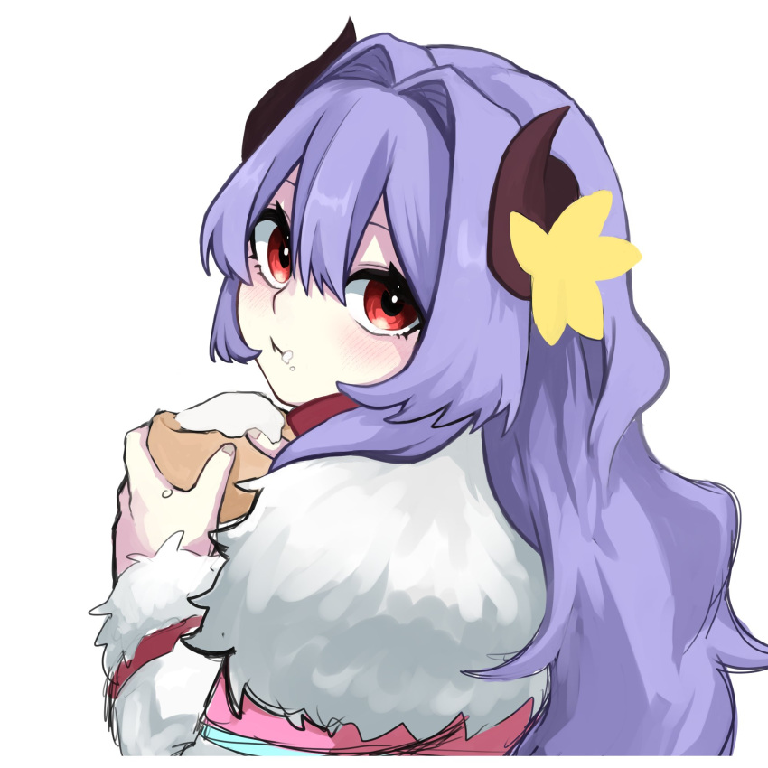 1girl blush cream eating flower food from_behind fur_trim hair_between_eyes highres holding holding_food horn_flower horns kindred_(league_of_legends) lamb_(league_of_legends) league_of_legends long_hair long_sleeves looking_back purple_hair red_eyes ri_~yoku simple_background solo spirit_blossom_kindred white_background yellow_flower