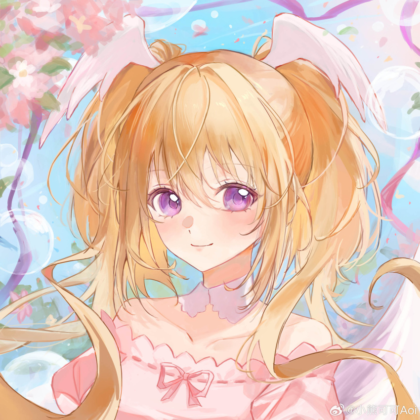 1girl absurdres bare_shoulders blonde_hair blue_background blush bubble closed_mouth collarbone detached_collar flower head_wings highres hoshina_utau long_hair looking_at_viewer off-shoulder_shirt off_shoulder pink_flower pink_ribbon pink_shirt portrait purple_eyes ribbon shirt shugo_chara! smile solo twintails very_long_hair weibo_logo weibo_username wings xiao_xiong_keke_aoi