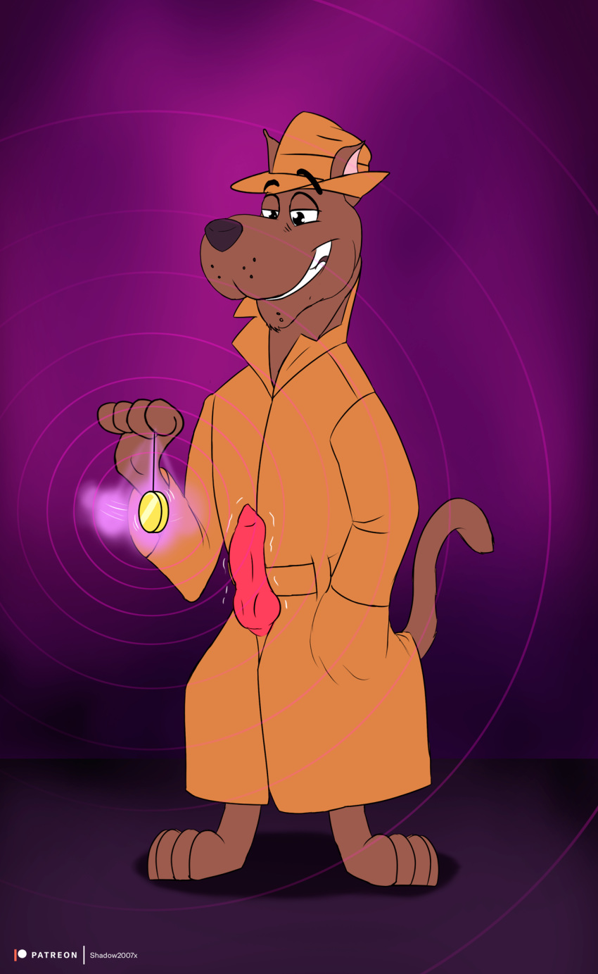 2018 animal_genitalia animal_penis anthro barefoot brown_body brown_fur canid canine canine_genitalia canine_penis canis clothing coat coin digital_media_(artwork) domestic_dog feet fur genitals gold_(metal) gold_coin great_dane hand_in_pocket hanna-barbera hat headgear headwear hi_res hypnosis knot male mammal mastiff mind_control molosser penis pockets possession public public_exposure scooby-doo scooby-doo_(series) shadow2007x simple_background smug smug_grin solo topwear trenchcoat