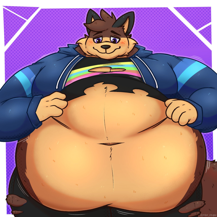 anthro belly big_belly blush clothing hi_res male multicolored_body navel obese overweight overweight_male solo torn_clothing