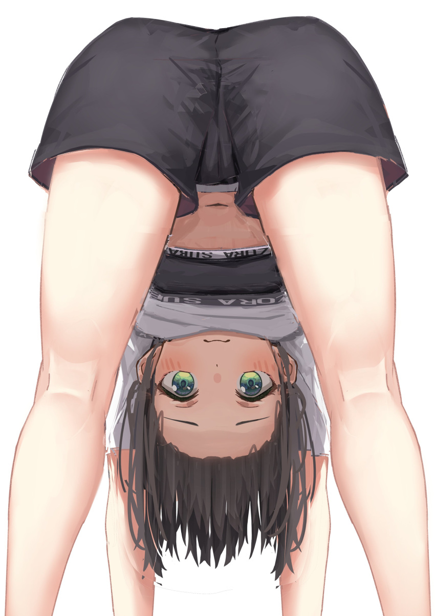 1girl absurdres all_fours ass bare_legs black_shorts black_sports_bra blue_eyes blush brown_hair cameltoe character_name closed_mouth commentary_request cropped_shirt eyelashes feet_out_of_frame from_behind gradient_eyes green_eyes highres hololive hololive_dance_practice_uniform kneepits legs looking_at_viewer medium_hair midriff multicolored_eyes navel oozora_subaru shirt short_shorts shorts simple_background solo sports_bra starkamisan thighs virtual_youtuber white_background white_shirt