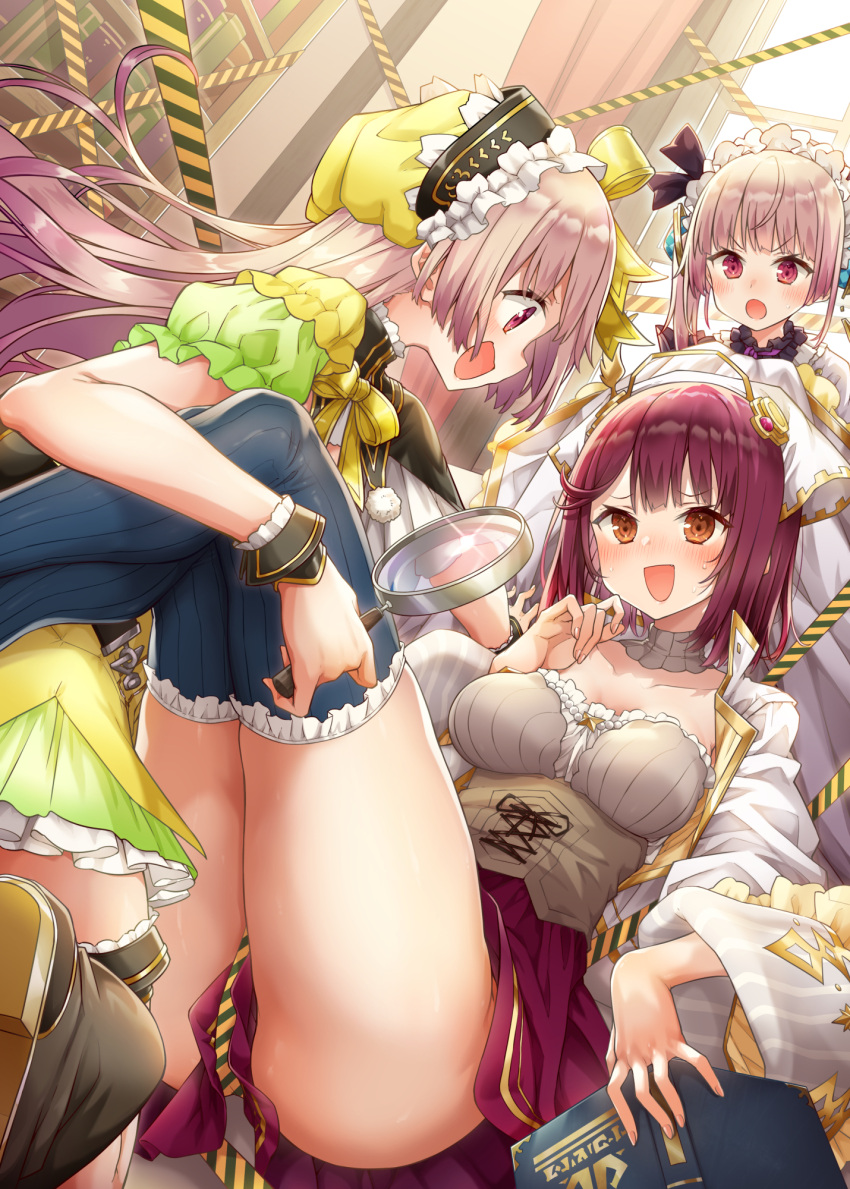 3girls :d :o alt_(ctrldel) arm_around_leg ass atelier_(series) atelier_lydie_&amp;_suelle atelier_sophie blush book boots breasts brown_hair cleavage commentary_request dress embarrassed facing_viewer girl_on_top green_dress hair_between_eyes hairband happy head_scarf highres holding holding_book indoors kneeling knees_up leaning_forward leaning_on_person legs legs_up lolita_hairband long_hair long_sleeves looking_at_another lydie_marlen medium_breasts miniskirt multiple_girls nervous nervous_smile red_eyes red_hair red_skirt short_sleeves skirt smile sophie_neuenmuller striped striped_thighhighs suelle_marlen thighhighs thighs upskirt vertical-striped_thighhighs vertical_stripes very_long_hair white_dress wide_sleeves