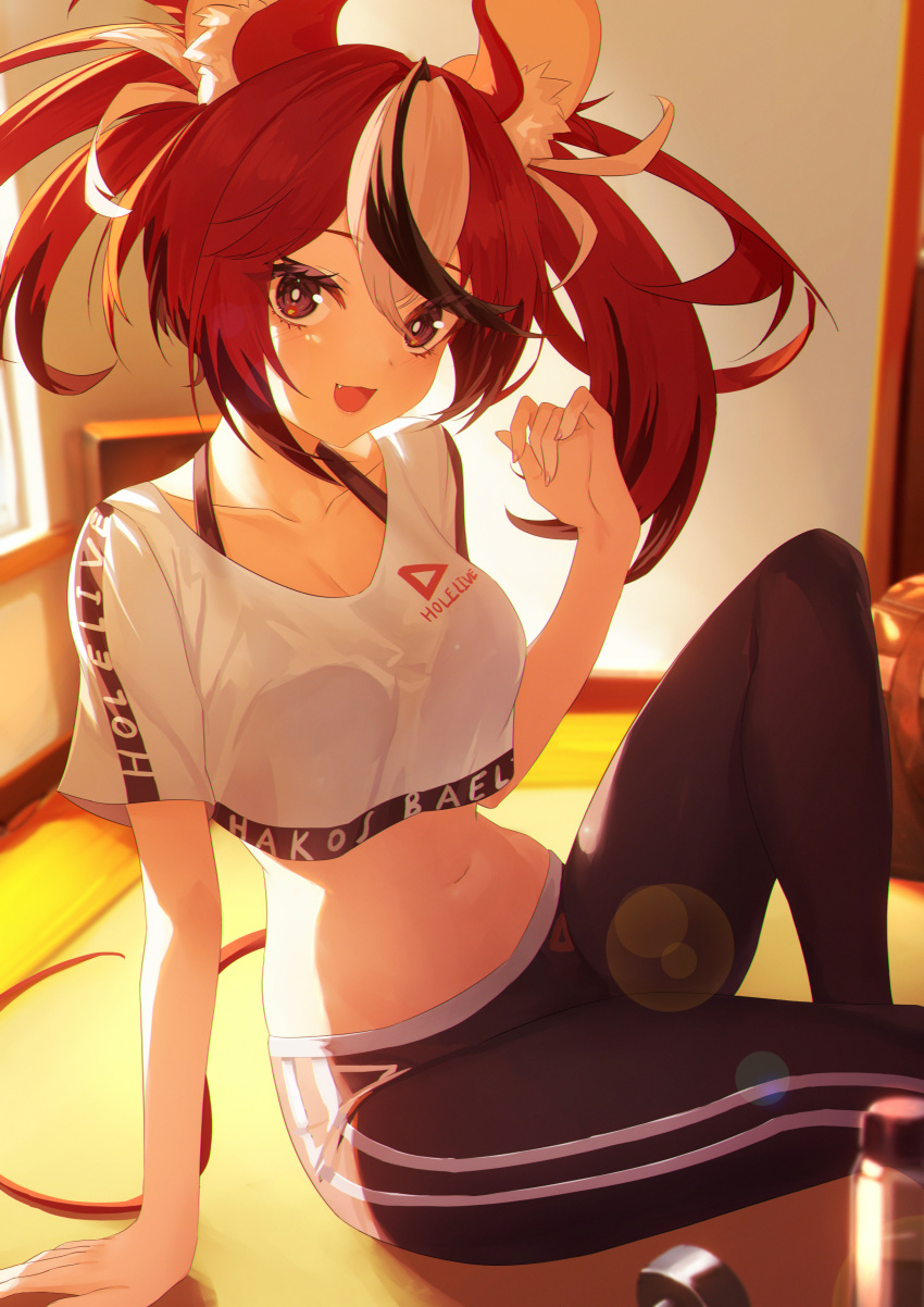 1girl absurdres animal_ears black_hair black_pants blue_eyes bottle brand_name_imitation breasts cleavage clothes_writing collarbone cropped_shirt english_commentary fang hakos_baelz highres hololive hololive_english jiang_ye_kiri lens_flare looking_at_viewer medium_breasts midriff mouse_ears mouse_girl mouse_tail multicolored_hair navel on_floor open_mouth pants red_hair shirt short_sleeves sitting solo streaked_hair tail twintails virtual_youtuber water_bottle weights white_hair white_shirt yoga_pants