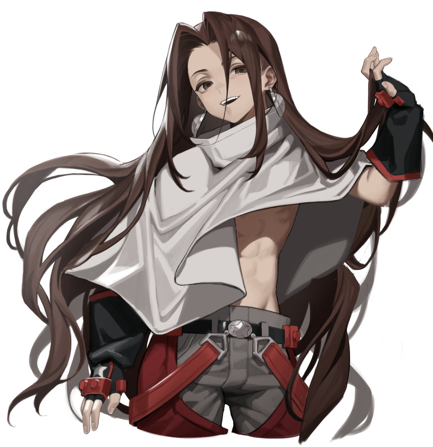 1boy absurdres asakura_yoh brown_eyes brown_hair cbow character_request commentary_request copyright_request cowboy_shot fingerless_gloves gloves highres long_hair male_focus open_clothes open_shirt shaman_king simple_background smile solo teeth toned toned_male upper_teeth_only white_background