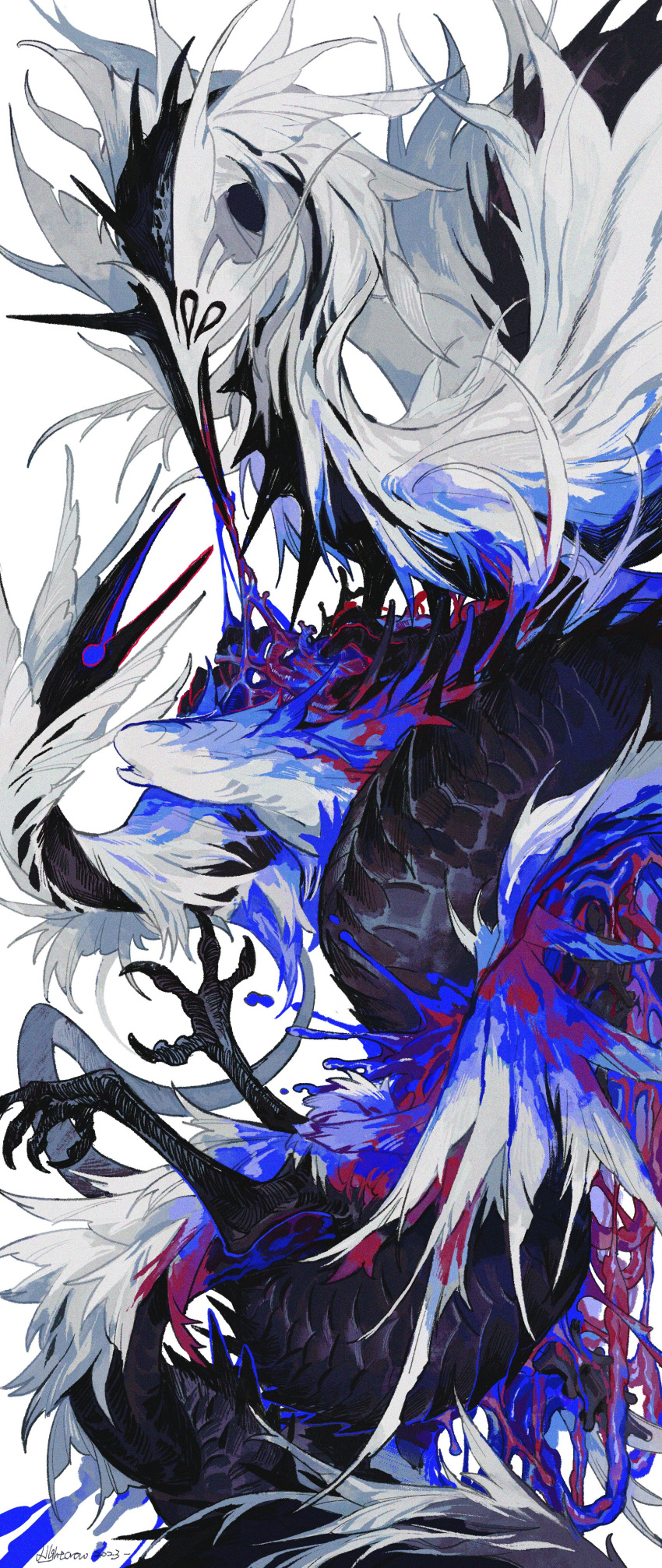 absurdres animal_focus artist_name beak bleeding blood blue_blood chimera eating extra_mouth feathered_wings from_side highres injury monster nightcrow no_eyes no_humans open_mouth organs original scales signature simple_background solo stylized_blood tail talons white_background wings