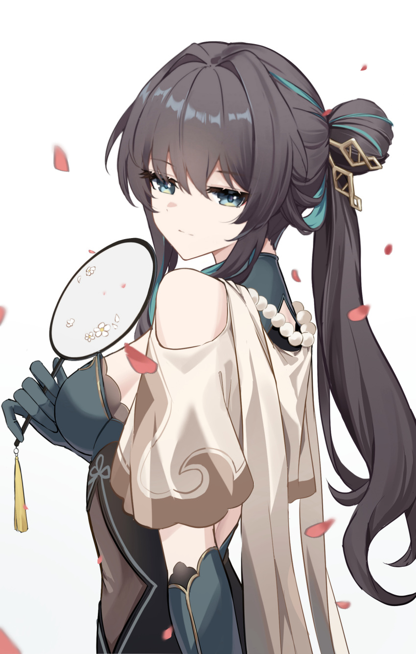 1girl absurdres bare_shoulders black_hair blue_eyes breasts chinese_clothes clothing_cutout commentary_request czk hair_intakes highres holding honkai:_star_rail honkai_(series) large_breasts long_hair looking_at_viewer ponytail revision ruan_mei_(honkai:_star_rail) short_sleeves shoulder_cutout sidelocks simple_background solo upper_body white_background