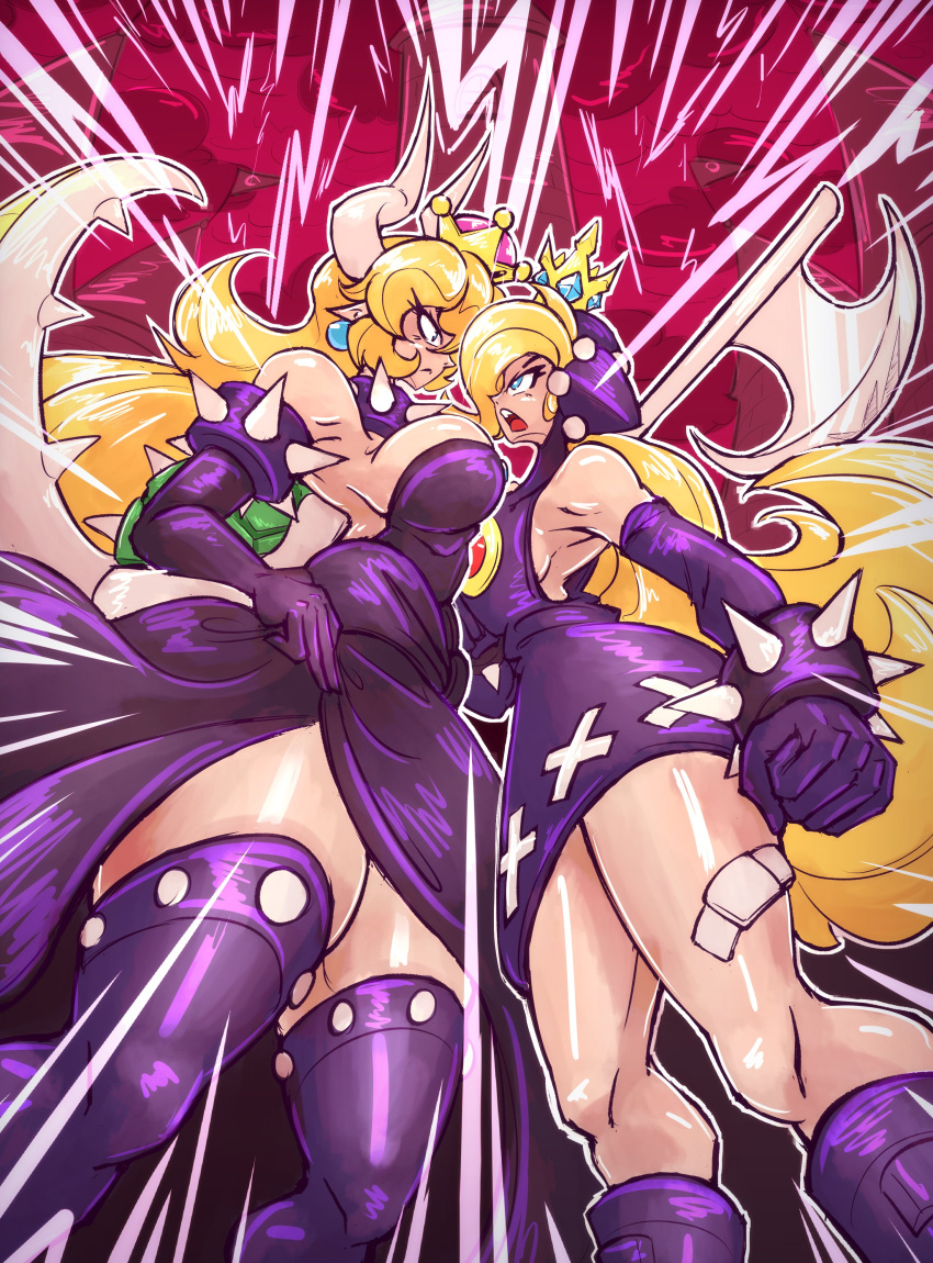 2girls absurdres armlet blonde_hair blue_eyes bowsette bracelet breasts cleavage collar crown eye_contact glaring highres hooded_dress jewelry large_breasts leather_dress looking_at_another mario_(series) mario_power_tennis mario_tennis mini_crown mokkoyu multiple_girls new_super_mario_bros._u_deluxe sharp_teeth sideboob spiked_armlet spiked_bracelet spiked_collar spiked_shell spiked_tail spikes super_crown tail teeth thighhighs thighs turtle_shell warupeach