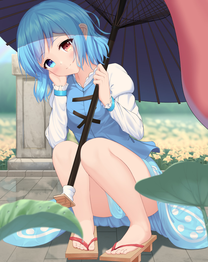 1girl absurdres barefoot blue_eyes blue_hair blue_skirt blue_vest blurry blush closed_mouth commentary commission day depth_of_field eyelashes feet flower frilled_sleeves frills full_body hand_on_own_cheek hand_on_own_face hands_up head_rest head_tilt heterochromia highres holding holding_umbrella knees_together_feet_apart leaf long_sleeves looking_at_viewer medium_hair nearoul_kishi oil-paper_umbrella outdoors pixiv_commission red_eyes road sandals shirt skirt smile solo split_mouth squatting tatara_kogasa toes touhou umbrella under_umbrella vest white_shirt yellow_flower