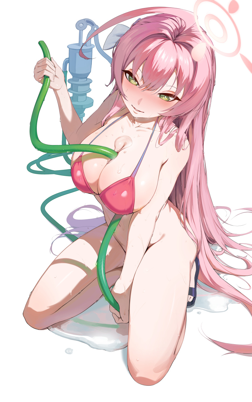 1girl absurdres ahoge bare_shoulders bikini bikini_top_only blue_archive blush bottomless breasts cleavage commentary flip-flops full_body green_eyes halo hanako_(blue_archive) hanako_(swimsuit)_(blue_archive) highres holding hose hose_between_breasts kimkichun kneeling large_breasts long_hair looking_at_viewer official_alternate_costume pink_bikini pink_hair pink_halo sandals shirt simple_background smile solo string_bikini swimsuit water wet white_background