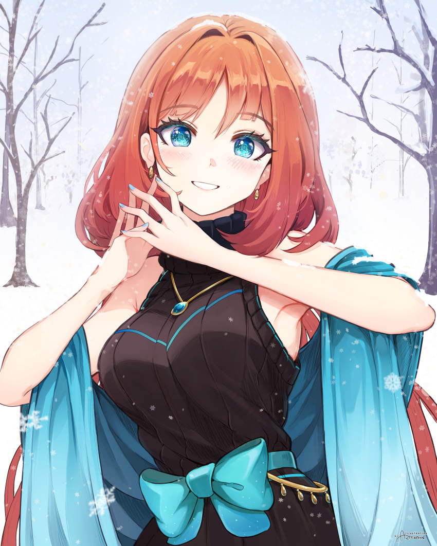 1girl absurdres alternate_costume artezahn bare_shoulders bare_tree blue_bow blue_eyes bow commentary earrings genshin_impact grin head_tilt highres jewelry long_hair looking_at_viewer nilou_(genshin_impact) pendant red_hair shawl sleeveless sleeveless_turtleneck smile snow solo tree turtleneck upper_body very_long_hair