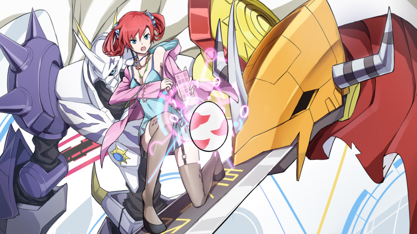 1girl arm_blade armor black_bra blue_camisole blue_dress blue_eyes bra breasts camisole cape cleavage covered_navel cross-laced_clothes cross-laced_slit digimon digimon_(creature) digimon_story:_cyber_sleuth digitama dk_(13855103534) dress egg floating floating_object garter_straps highres horns jacket jewelry mecha multicolored_cape multicolored_clothes necklace omegamon panties pink_jacket red_cape red_hair robot shiramine_nokia shoulder_armor side-tie_panties sideless_outfit spikes standing_on_swing thighhighs twintails underwear weapon white_cape