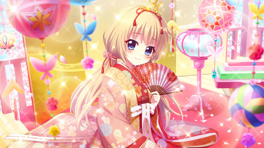 1girl ahoge blonde_hair blue_eyes blurry blurry_foreground closed_mouth dot_nose film_grain floral_print folding_fan folding_screen game_cg hand_fan hand_on_own_leg head_tilt hina_ningyou hinamatsuri hirabitai itsumura_haruka izumi_tsubasu japanese_clothes kimono lens_flare long_hair looking_at_viewer low_twintails non-web_source official_art on_floor pink_kimono print_kimono re:stage! smile solo sparkle star_(symbol) twintails