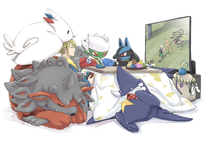 1boy a_nori black_eyes blonde_hair garchomp hisuian_arcanine kotatsu male_focus nintendo_switch no_headwear playing_games pokemon pokemon_(creature) pokemon_legends:_arceus red_eyes roserade short_hair sleeping table togekiss under_kotatsu under_table volo_(pokemon) watching_television