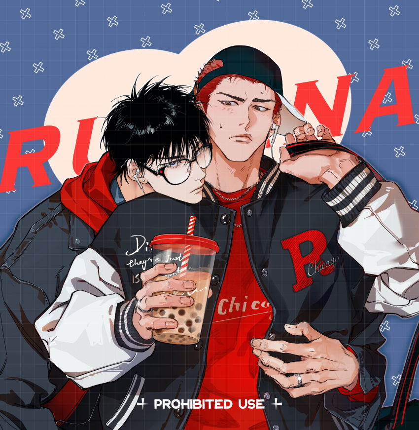 2boys bespectacled black-framed_eyewear black_hair black_jacket brown_eyes bubble_tea chain chimmyming cup earbuds earphones earrings glasses grey_hair heart highres holding holding_cup jacket jewelry letterman_jacket long_sleeves looking_at_another messy_hair multiple_boys red_hair red_shirt ring rukawa_kaede sakuragi_hanamichi shared_earphones shirt sideways_hat silver_ring slam_dunk_(series) sweatdrop yaoi