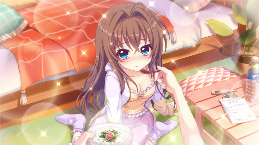 1girl 1other ahoge bed bedroom between_legs blue_eyes blush bottle bowl breasts brown_hair camisole cleavage collarbone digital_thermometer dot_nose feeding fever film_grain food_request from_above game_cg hand_between_legs hand_on_floor holding holding_bowl holding_spoon indoors izumi_tsubasu long_hair looking_at_viewer medium_breasts no_shoes non-web_source official_art on_floor parted_lips pillow plant potted_plant pov pov_hands purple_skirt purple_socks purple_sweater re:stage! rug shikimiya_aone sick sitting skirt socks solo_focus spoon sweater table thermometer wariza water_bottle wooden_floor wooden_table yellow_camisole