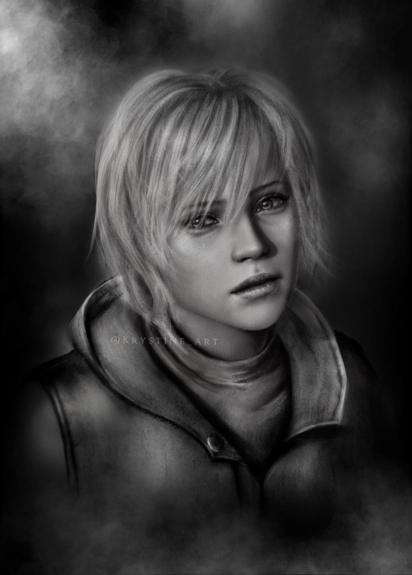 1girl commentary hair_over_one_eye heather_mason highres jacket krystine_art portrait realistic short_hair silent_hill_(series) silent_hill_3 solo turtleneck twitter_username watermark