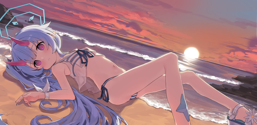 1girl absurdres bada_(jksh5056) beach bikini blue_archive blue_hair blue_halo breasts chise_(blue_archive) chise_(swimsuit)_(blue_archive) closed_mouth cloud cloudy_sky evening halo highres horns knees_up long_hair looking_at_viewer lying navel ocean on_back on_ground outdoors red_eyes sand sandals sky small_breasts solo sun swimsuit waves