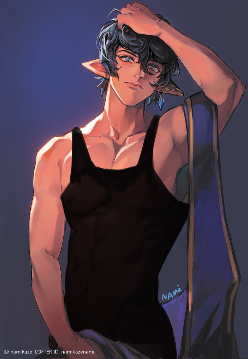 1boy absurdres arm_at_side aymeric_de_borel black_hair black_tank_top blue_background blue_eyes closed_mouth earrings elezen elf final_fantasy final_fantasy_xiv hair_between_eyes highres jewelry lofter_username looking_at_viewer male_focus namikaze_(dobbyka) pectorals pointy_ears red_pupils short_hair signature single_earring solo tank_top