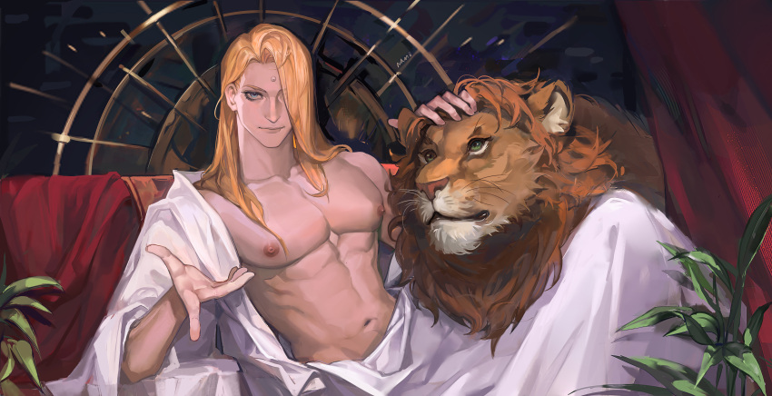 1boy absurdres animal bare_pectorals blonde_hair blue_eyes collarbone eyelashes final_fantasy final_fantasy_xiv forehead_jewel hair_over_one_eye highres large_pectorals light_smile lion looking_at_viewer male_focus namikaze_(dobbyka) navel nipples open_clothes open_robe pectorals petting plant red_curtains robe signature sitting smile solo white_robe zenos_yae_galvus