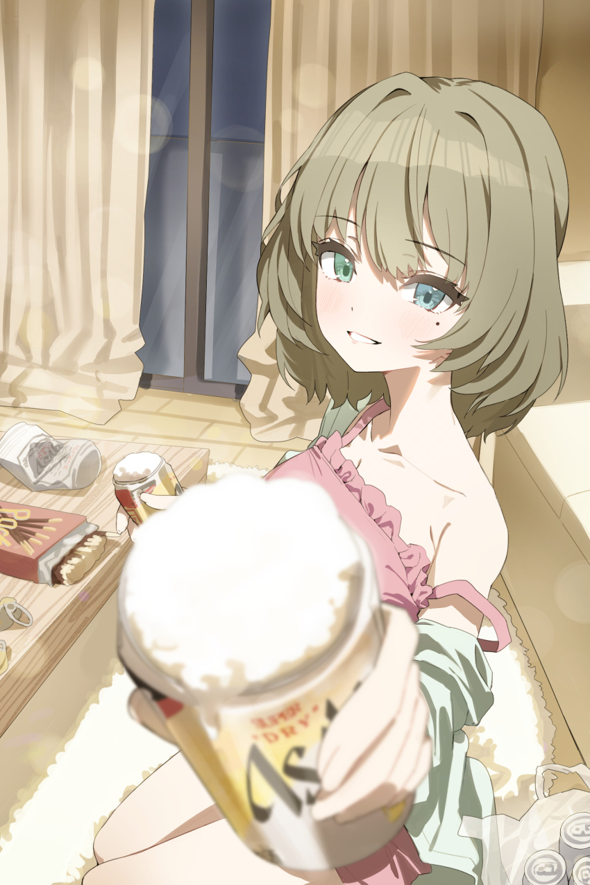 1girl absurdres alcohol applepie_(12711019) asahi_breweries beer beer_can blush bob_cut camisole can curtains food green_hair heterochromia highres holding holding_can idolmaster idolmaster_cinderella_girls incoming_food indoors mole mole_under_eye pink_camisole pocky sitting smile strap_slip takagaki_kaede