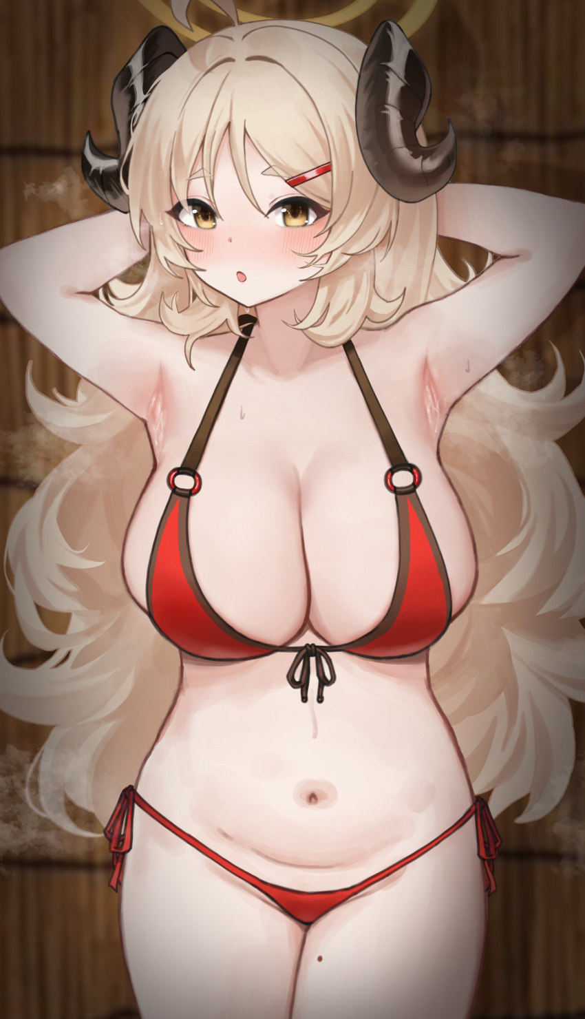 1girl absurdres armpits bare_arms bare_legs bare_shoulders bikini black_horns blue_archive blush breasts cowboy_shot groin halo highres horns izumi_(blue_archive) izumi_(swimsuit)_(blue_archive) jimwh37 large_breasts light_smile long_hair looking_at_viewer mole mole_on_thigh navel official_alternate_costume open_mouth red_bikini solo stomach swimsuit yellow_eyes yellow_halo