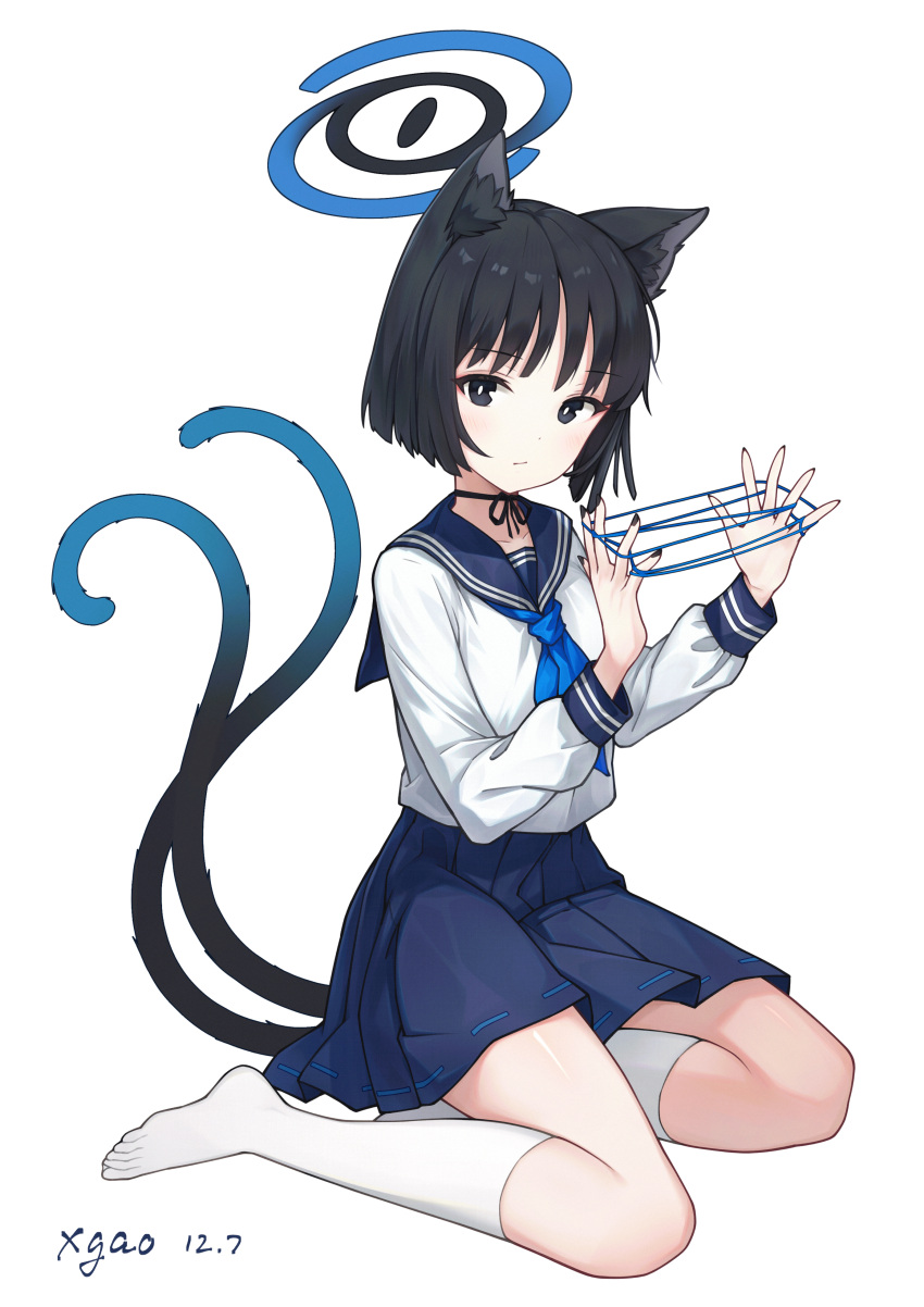 1girl absurdres animal_ear_fluff animal_ears artist_name black_eyes black_hair black_nails blue_archive blue_sailor_collar blue_skirt blush cat's_cradle cat_ears cat_tail closed_mouth dated fingernails highres kikyou_(blue_archive) long_sleeves looking_at_viewer nail_polish pleated_skirt sailor_collar short_hair signature simple_background skirt socks solo tail white_background white_socks xgao