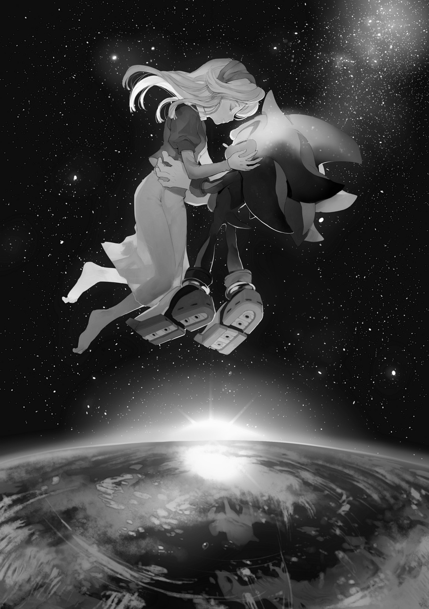 1boy 1girl absurdres animal_ears animal_nose aoki_(fumomo) barefoot black_background closed_eyes commentary_request cropped_jacket earth_(planet) feet floating floating_hair from_side full_body furry furry_male gloves greyscale hairband hand_on_another's_cheek hand_on_another's_face hand_up highres layered_sleeves long_hair long_sleeves maria_robotnik monochrome partial_commentary planet profile puffy_short_sleeves puffy_sleeves rocket_boots sad see-through_silhouette shadow_the_hedgehog short_over_long_sleeves short_sleeves sidelocks sky sonic_(series) sonic_adventure_2 space spiked_hair star_(sky) starry_sky super_shadow tail tears u_u