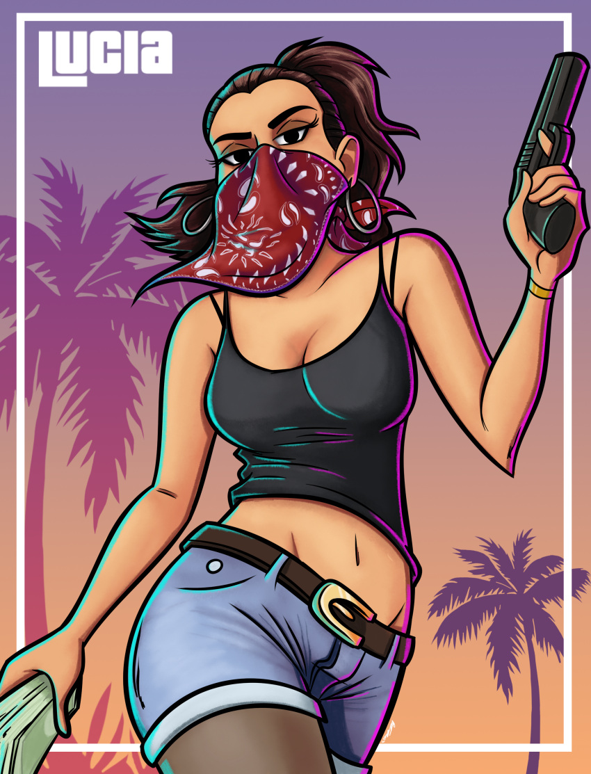 1girl absurdres bandana bandana_over_mouth black_camisole black_eyes breasts brown_hair camisole cleavage commentary contrapposto earrings english_commentary grand_theft_auto grand_theft_auto_vi groin gun highres holding holding_gun holding_money holding_weapon hoop_earrings jewelry lucia_(grand_theft_auto) medium_breasts midriff money navel palm_tree pantyhose_under_shorts ponytail red_bandana schoolyardloser short_shorts shorts solo tree weapon