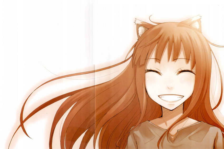 absurdres animal_ears ayakura_juu closed_eyes crease highres holo long_hair scan smile solo spice_and_wolf