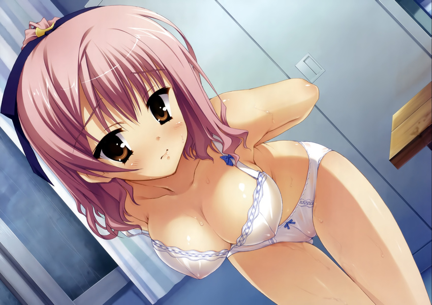 arms_behind_back bent_over blush bow bow_bra bow_panties bra breasts brown_eyes cleavage covered_nipples dutch_angle highres kobuichi large_breasts lingerie lips panties pink_hair see-through solo tenshinranman tokiwa_mahiro underwear underwear_only undressing wavy_mouth wet wet_clothes white_bra white_panties