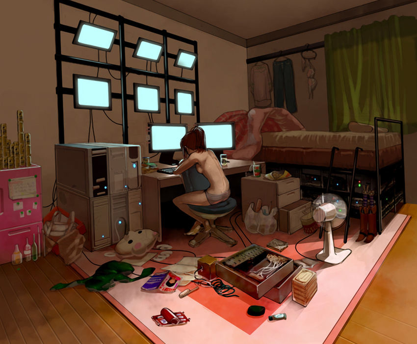 back bag barefoot bottle computer electric_fan food highres original otaku_room panties resizing_artifacts room s_kengo shopping_bag soles solo topless underwear underwear_only wallpaper