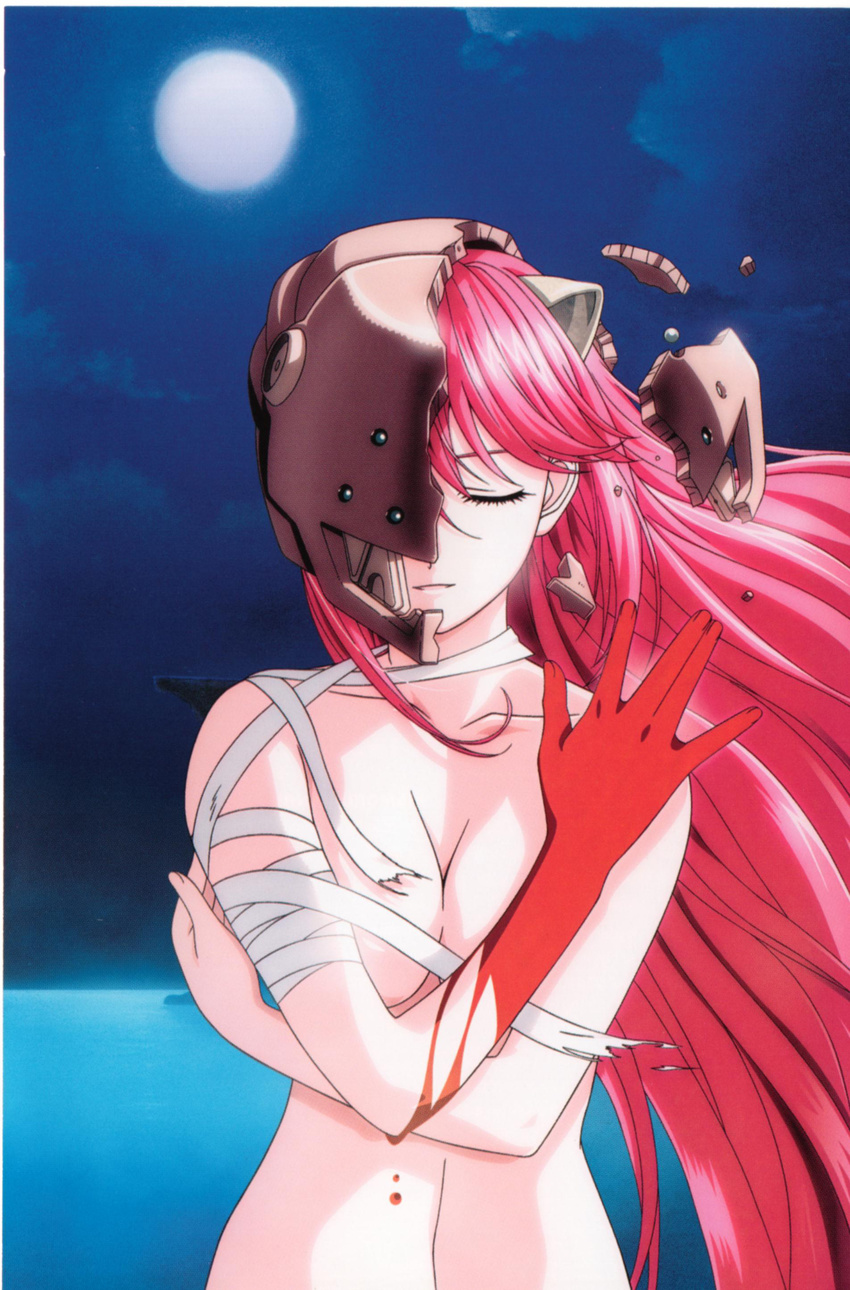 absurdres artist_request bandages blood breasts cleavage elfen_lied highres horns long_hair lucy medium_breasts moon night nyuu official_art pink_hair smile solo
