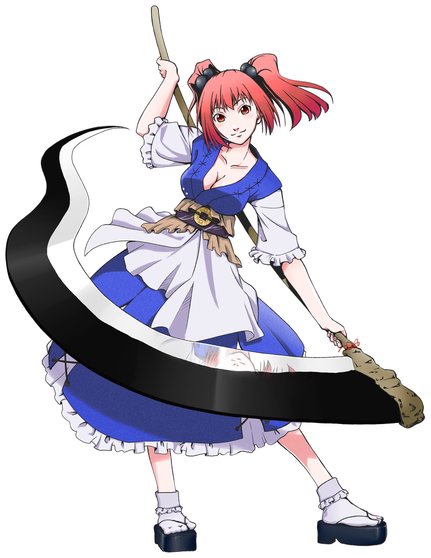 absurdres breasts cleavage full_body hair_bobbles hair_ornament highres large_breasts onozuka_komachi red_eyes red_hair scythe short_hair solo standing touhou transparent_background two_side_up yutan