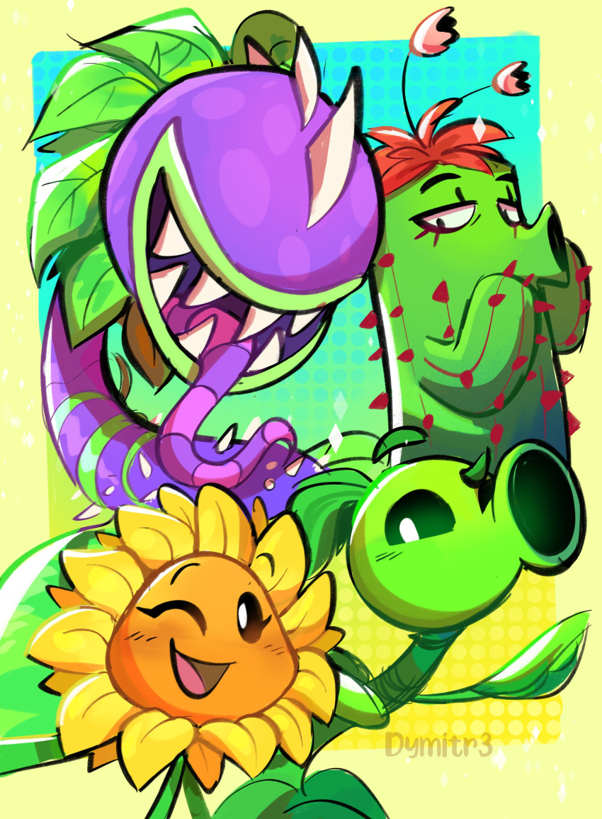 358_dymitre absurdres artist_name cactus_(plants_vs_zombies) chomper_(plants_vs_zombies) highres leaf looking_at_viewer one_eye_closed open_mouth peashooter_(plants_vs_zombies) plants_vs_zombies sharp_teeth sunflower_(plants_vs_zombies) teeth tongue tongue_out yellow_petals