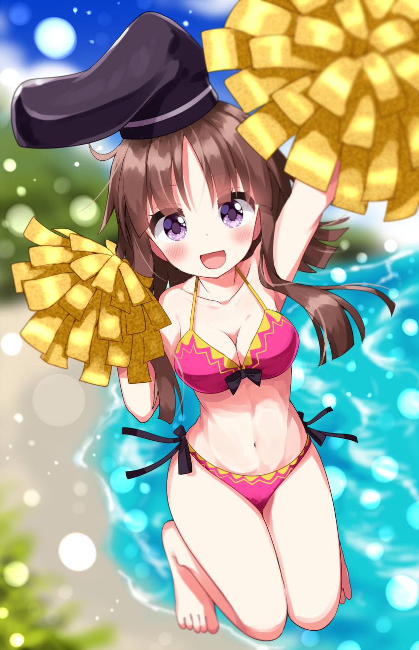 1girl bare_legs barefoot beach bikini black_headwear black_ribbon blush breasts brown_eyes brown_hair cleavage collarbone commentary_request full_body groin hat highres long_hair medium_breasts navel nishida_satono pink_bikini pom_pom_(cheerleading) purple_eyes ribbon ruu_(tksymkw) sidelocks solo stomach swimsuit tate_eboshi touhou