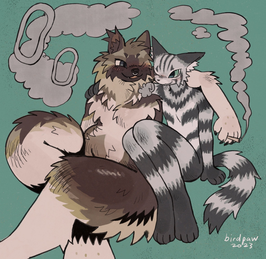 2023 anthro arm_on_shoulder arm_tuft artist_name birdpaw_(artist) black_nose blue_eyes brown_body brown_fur canid canine cheek_tuft chest_tuft cigarette digital_media_(artwork) domestic_cat duo elbow_tuft facial_tuft felid feline felis fur grey_background grey_body grey_fur hi_res hindpaw holding_cigarette holding_object light_body light_fur male mammal multicolored_body multicolored_fur neck_tuft one_eye_closed paws simple_background sitting size_difference smile smoke striped_body striped_fur stripes tail tail_tuft tan_fuur tan_sclera tuft yellow_body yellow_fur