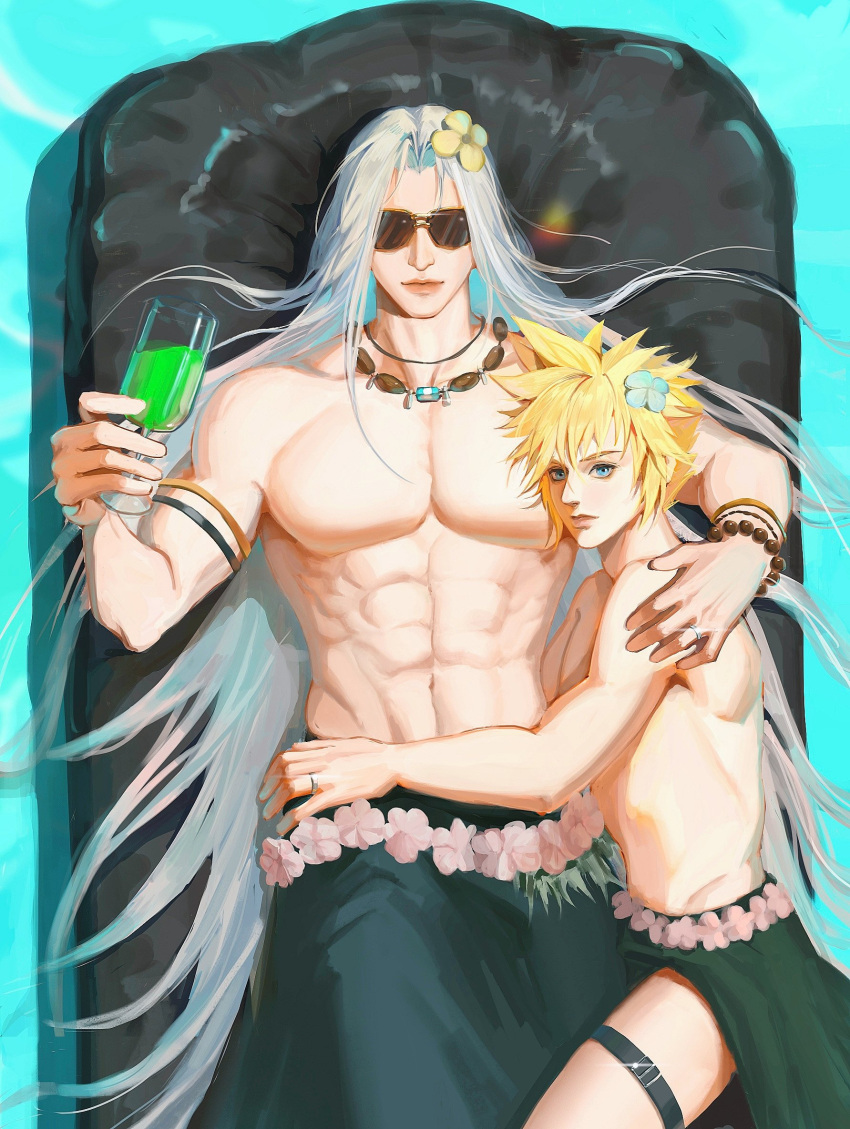 2boys abs afloat armlet bead_bracelet beads biceps black_skirt blonde_hair blue_eyes blue_flower bracelet cloud_strife couple cup drink final_fantasy final_fantasy_vii flower frost9792 glass grey_hair hair_flower hair_ornament hand_on_another's_shoulder hand_on_another's_waist highres holding holding_cup holding_drink inflatable_raft inflatable_toy jewelry knee_up large_pectorals leg_between_thighs light_smile long_hair lying male_focus matching_ring multiple_boys muscular muscular_male necklace on_back outdoors pectorals pink_flower pool ring sephiroth shell shell_necklace short_hair skirt spiked_hair summer sunglasses thigh_strap topless_male upper_body water wedding_ring yaoi yellow_flower