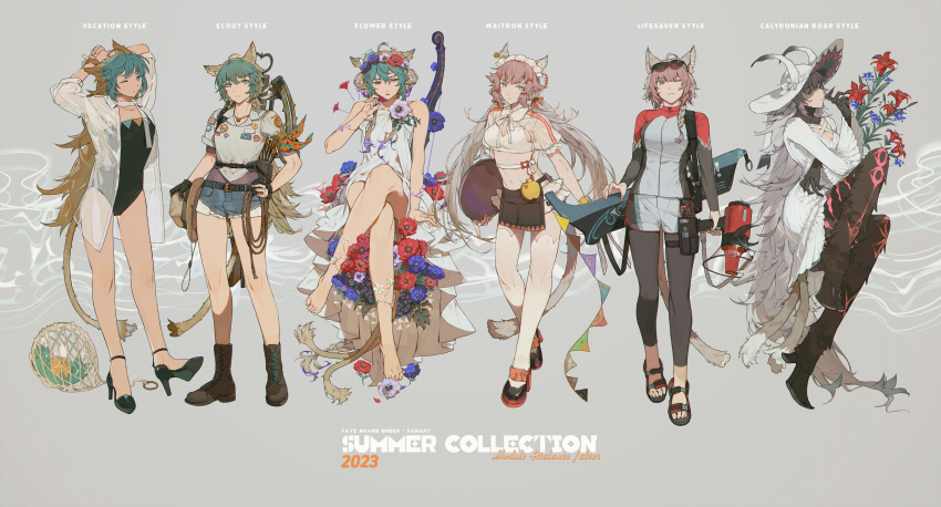 absurdres ahoge alternate_costume animal_ears atalanta_(fate) atalanta_alter_(fate) badge black_fur blonde_hair boots braid cat_ears cat_tail dress dyed_bangs eyewear_on_head fate/apocrypha fate/grand_order fate_(series) flower french_braid full_body green_eyes green_hair grey_background grey_hair hat high_heels highres hiking_sandals holding holding_megaphone horns long_hair low_twintails maid_headdress mary_janes medium_hair megaphone midriff multicolored_hair multiple_tails navel one-piece_swimsuit sandals scout_uniform see-through shoes short_shorts shorts side_braid simple_background sitting standing sunglasses swimsuit tail thighhighs touka_(dokoka_me) twintails two-tone_hair two_tails unworn_hat unworn_headwear very_long_hair white_dress white_thighhighs