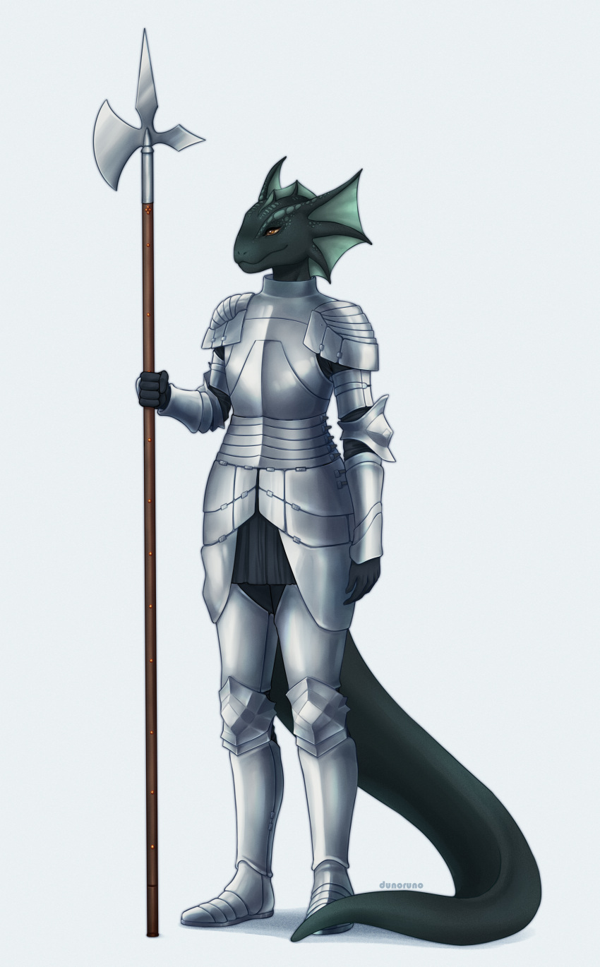 2022 absurd_res anthro armor black_body black_scales brown_eyes brown_sclera dunoruno everquest eyebrows female green_body green_scales hi_res holding_object holding_weapon iksar lizard melee_weapon metal_armor multicolored_body multicolored_scales olonia polearm pupils reptile scales scalie simple_background slit_pupils smile solo standing weapon white_background