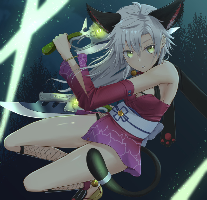 1girl ahoge animal_ears bell cat_girl double-parted_bangs dual_wielding eiyuu_densetsu fake_animal_ears fake_tail fie_claussell floating_hair full_body green_eyes gunblade hair_between_eyes hajimari_no_kiseki highres holding holding_weapon japanese_clothes jingle_bell kimono looking_at_viewer sen_no_kiseki sleeveless sleeveless_kimono tail weapon white_hair witch_f