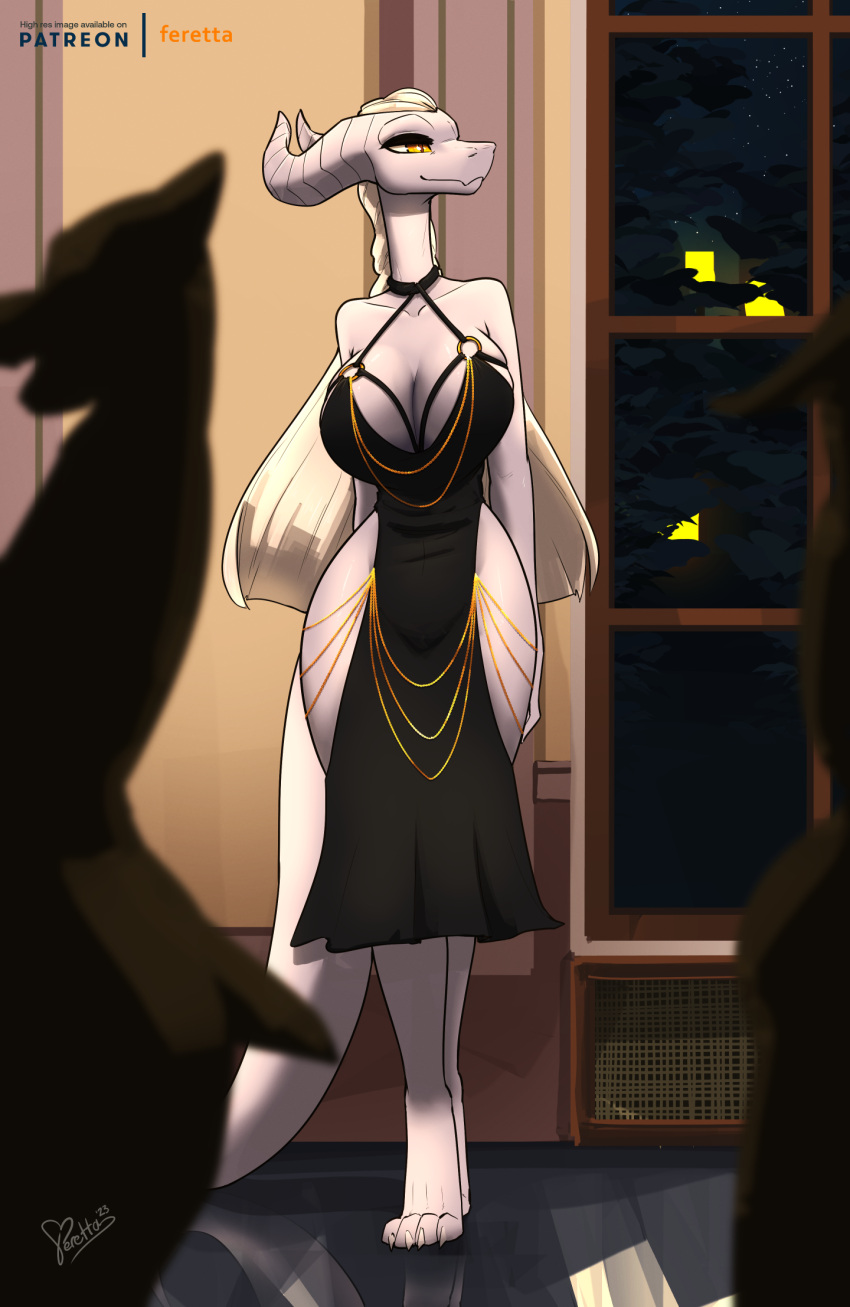 big_breasts breasts cleavage clothed clothing draako dragon female feretta hair hi_res long_hair meme meme_clothing mis'alia silhouette silver_dragon silver_skin tall_female white_hair window yellow_eyes