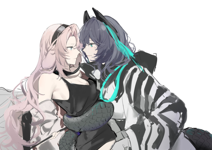 2girls animal_ears arknights black_camisole black_hairband blue_eyes blue_hair breasts camisole closed_mouth commentary dog_ears dog_girl green_eyes hairband head_wings highres ho'olheyak_(arknights) joshua_(shisanli934) kristen_(arknights) long_hair looking_at_another medium_breasts multiple_girls simple_background snake_tail symbol-only_commentary tail tail_wrap white_background wings yuri