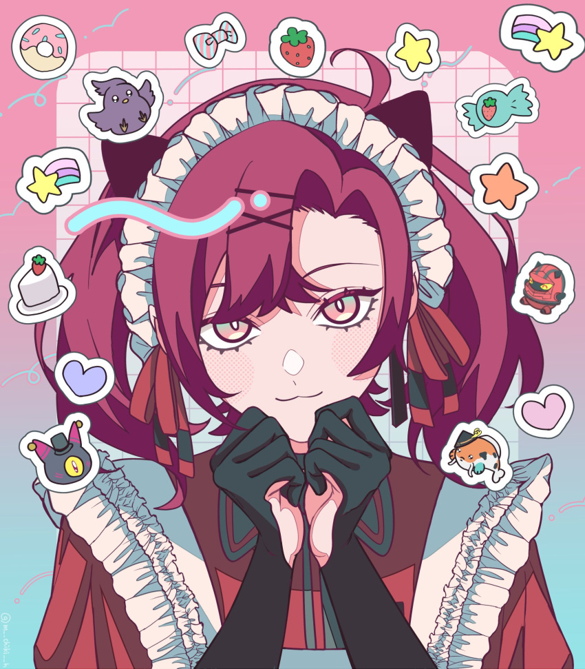 1boy :3 alternate_costume alternate_hairstyle apron black_gloves cake cake_slice candy cat_ear_hairband crossdressing doughnut earrings elbow_gloves food frilled_apron frills fruit glove_cutout gloves gradient_eyes green_eyes grid hair_ornament hairclip hakkito_(banzoin_hakka) hands_on_own_face heart highres holostars holostars_english jewelry koipanion_(josuiji_shinri) looking_at_viewer m_chikih machina_x_flayon maid maid_apron maid_headdress multicolored_eyes orange_eyes parted_bangs phantom_(gavis_bettel) puffy_sleeves r-trus_(machina_x_flayon) red_hair red_ribbon red_shirt ribbon shirt shooting_star_(symbol) single_earring smile solo star_(symbol) sticker strawberry twintails virtual_youtuber x_hair_ornament