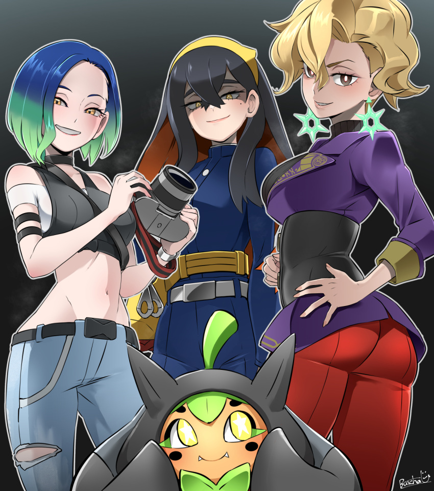 3girls ass black_hair blonde_hair bob_cut briar_(pokemon) bright_pupils butcha-u camera carmine_(pokemon) colored_inner_hair crop_top grey_shirt hairband hands_on_own_hips highres holding holding_camera jacket long_hair looking_at_viewer mole mole_under_eye multicolored_hair multiple_girls navel off-shoulder_shirt off_shoulder ogerpon pants partially_shaded_face perrin_(pokemon) pokemon pokemon_(creature) pokemon_sv purple_jacket red_pants shaded_face shirt smile stomach very_long_hair white_pupils yellow_eyes yellow_hairband