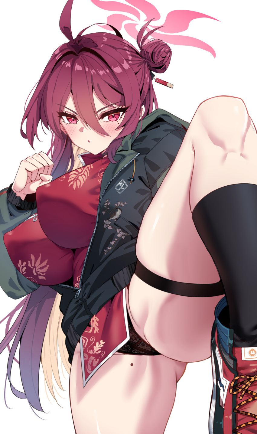 1girl absurdres ass black_panties black_socks blue_archive blush breasts china_dress chinese_clothes covered_nipples dress foot_out_of_frame green_jacket hair_between_eyes halo highres jacket large_breasts long_hair long_sleeves looking_at_viewer mole mole_on_thigh panties parted_lips partially_unzipped purple_hair rayno red_dress red_eyes red_footwear red_halo reijo_(blue_archive) shoes simple_background socks solo underwear white_background