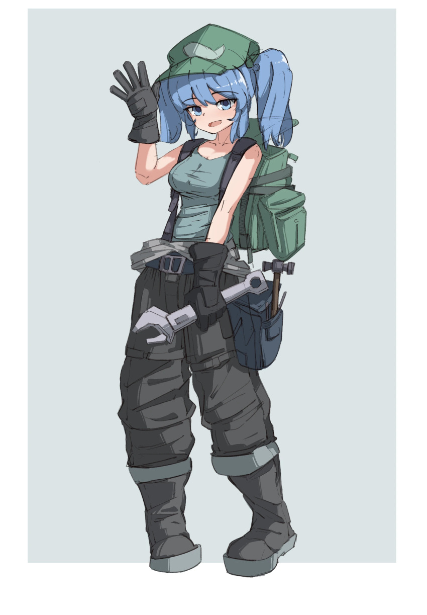 1girl :d alternate_costume backpack bag belt belt_buckle black_gloves blue_bag blue_belt blue_eyes blue_hair blue_shirt blush breasts buckle chinese_commentary collarbone commentary_request fengzhong_yuntuan flat_cap full_body gloves green_bag green_headwear grey_footwear grey_pants hammer hand_up hat highres kawashiro_nitori medium_breasts medium_hair open_mouth pants shirt simple_background sleeveless sleeveless_shirt smile solo touhou twintails waving wrench