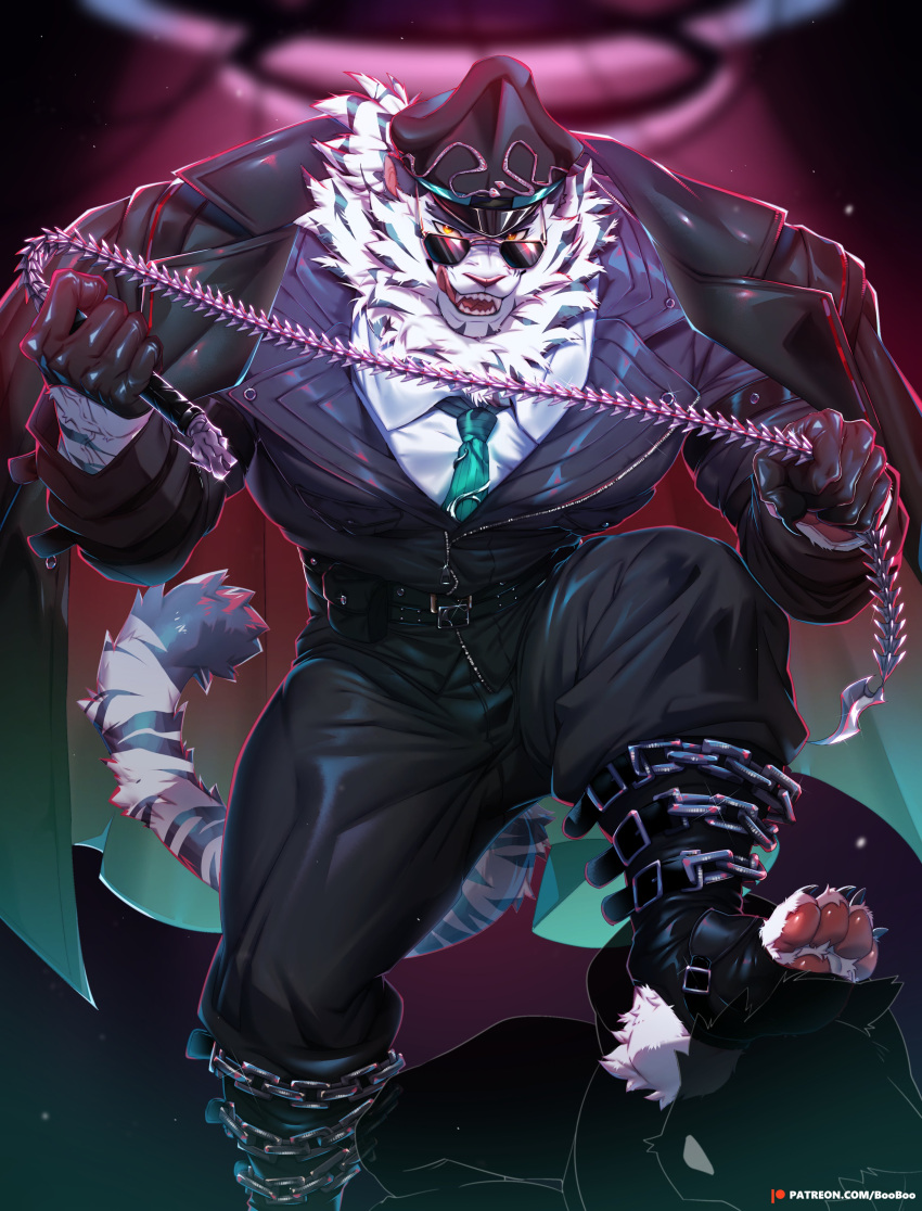 1boy absurdres animal_ears bara belt black_coat black_gloves black_headwear black_pants black_suit booboo_(19816236) chain claws coat dislyte english_commentary fangs furry furry_male gloves green_necktie highres holding holding_whip jin_qiu_(ru_shou)_(dislyte) licking_lips looking_at_viewer male_focus necktie open_mouth paid_reward_available pants patreon_logo patreon_username pawpads shirt stepped_on suit sunglasses tail tiger_boy tiger_ears tiger_stripes tiger_tail tongue tongue_out white_shirt