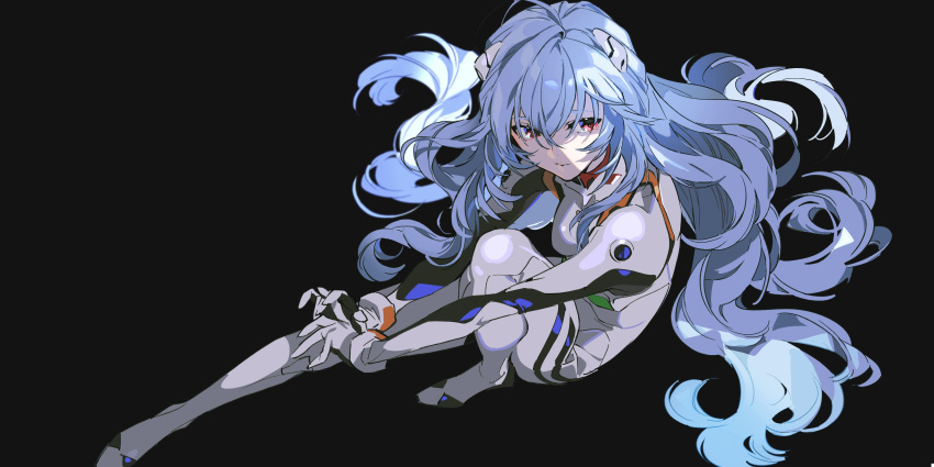 1girl absurdres ayanami_rei black_background blue_hair bodysuit evangelion:_3.0+1.0_thrice_upon_a_time hairpods highres interface_headset long_hair neon_genesis_evangelion pilot_suit plugsuit rebuild_of_evangelion red_eyes simple_background sitting solo wavy_hair white_bodysuit yoneyama_mai